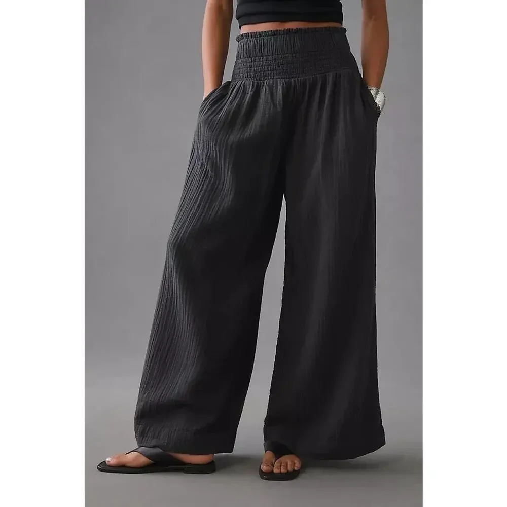 Anthropologie Pants Women Small Gray Gauzey Wide Leg Stretch Comfort Boho Resort